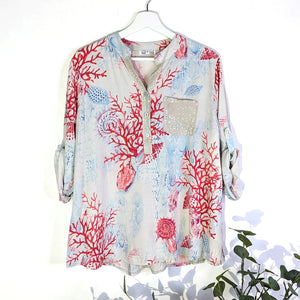 V NECK Shell print pocket detail blouse